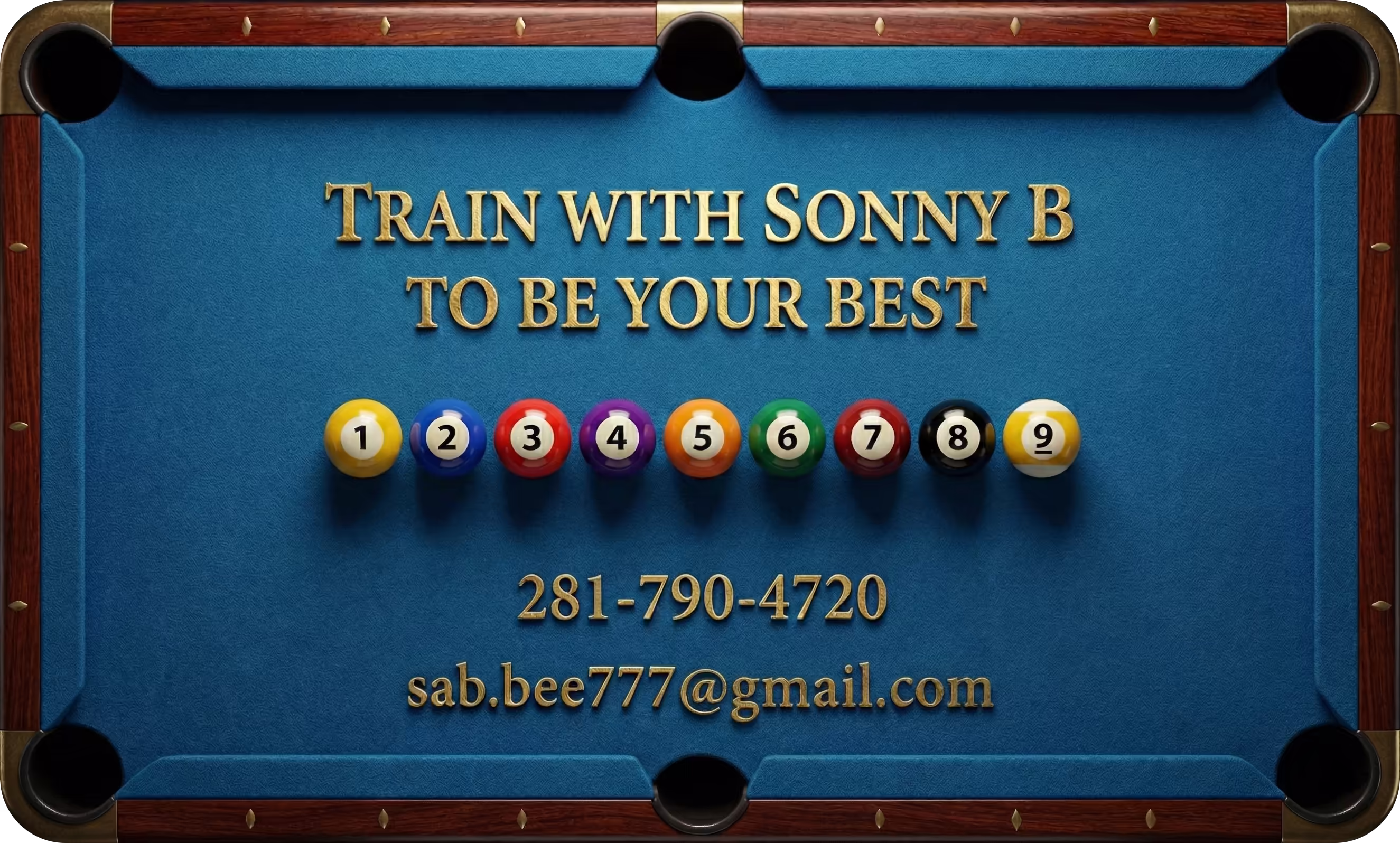 Business Card of Pool Instructor, Sonny Bosshamer, who provides lessons at Big Tyme Billiards in Spring, TX.